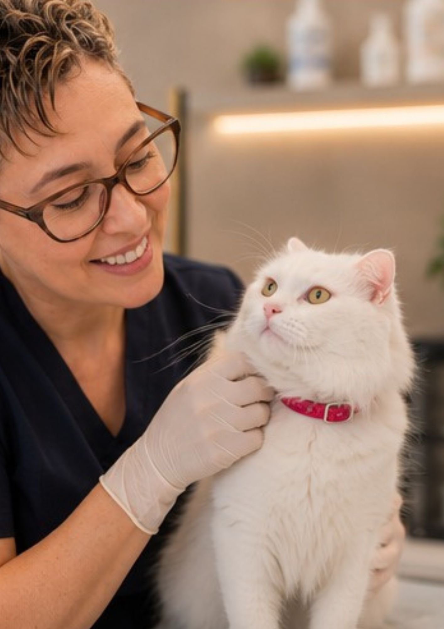 Dra. Joici Moreira cuidando de um gato branco com delicadeza